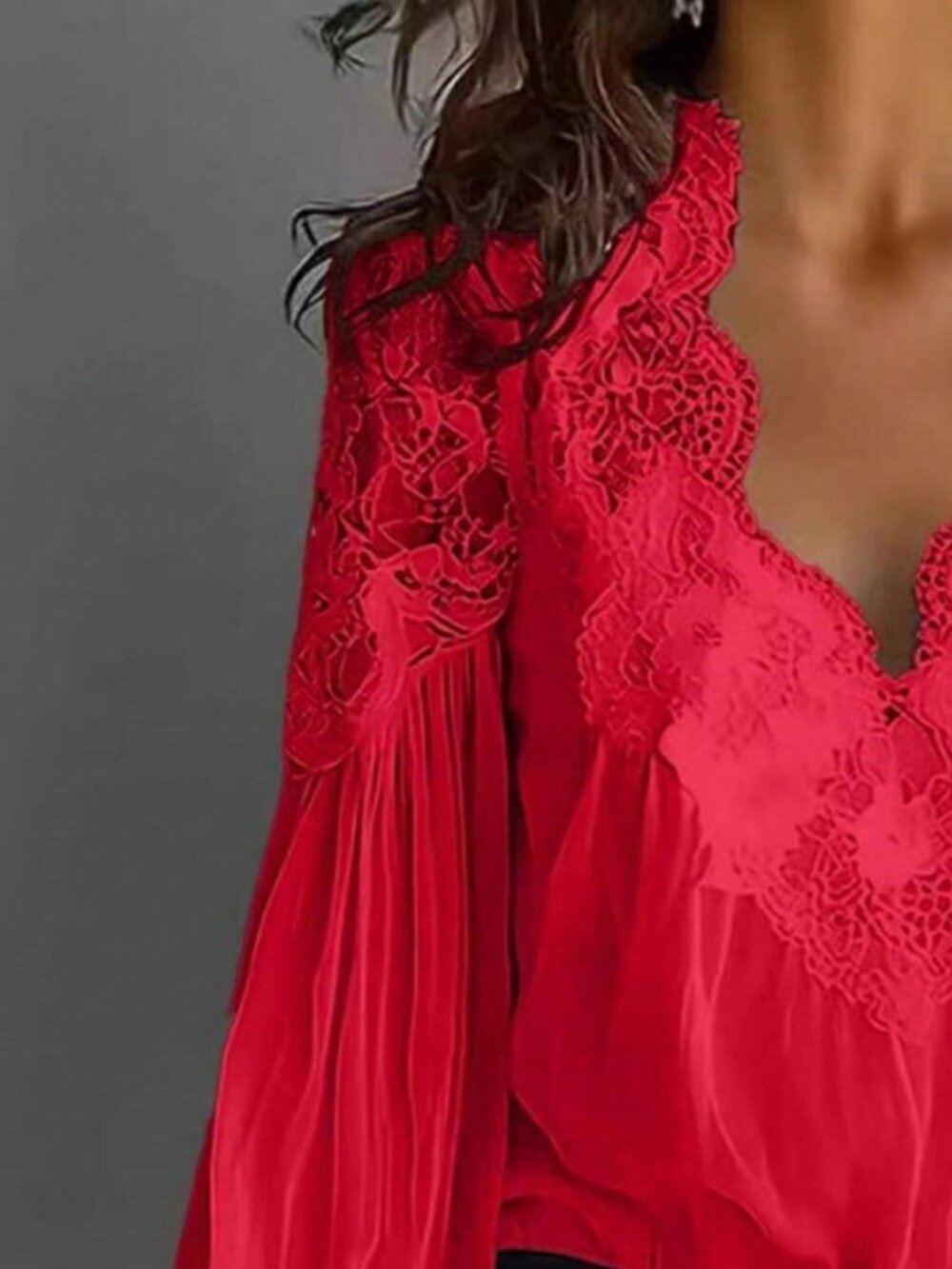 Red Casual Women's Lace Trim V-Neck Blouse - Picture 2 of 3